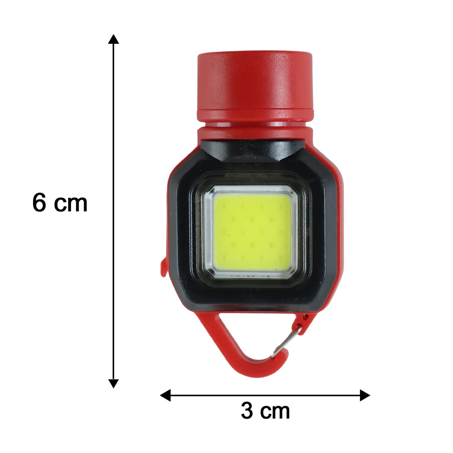 A red and black mini LED flashlight with dimensions 6 cm in height and 3 cm in width on a white background.