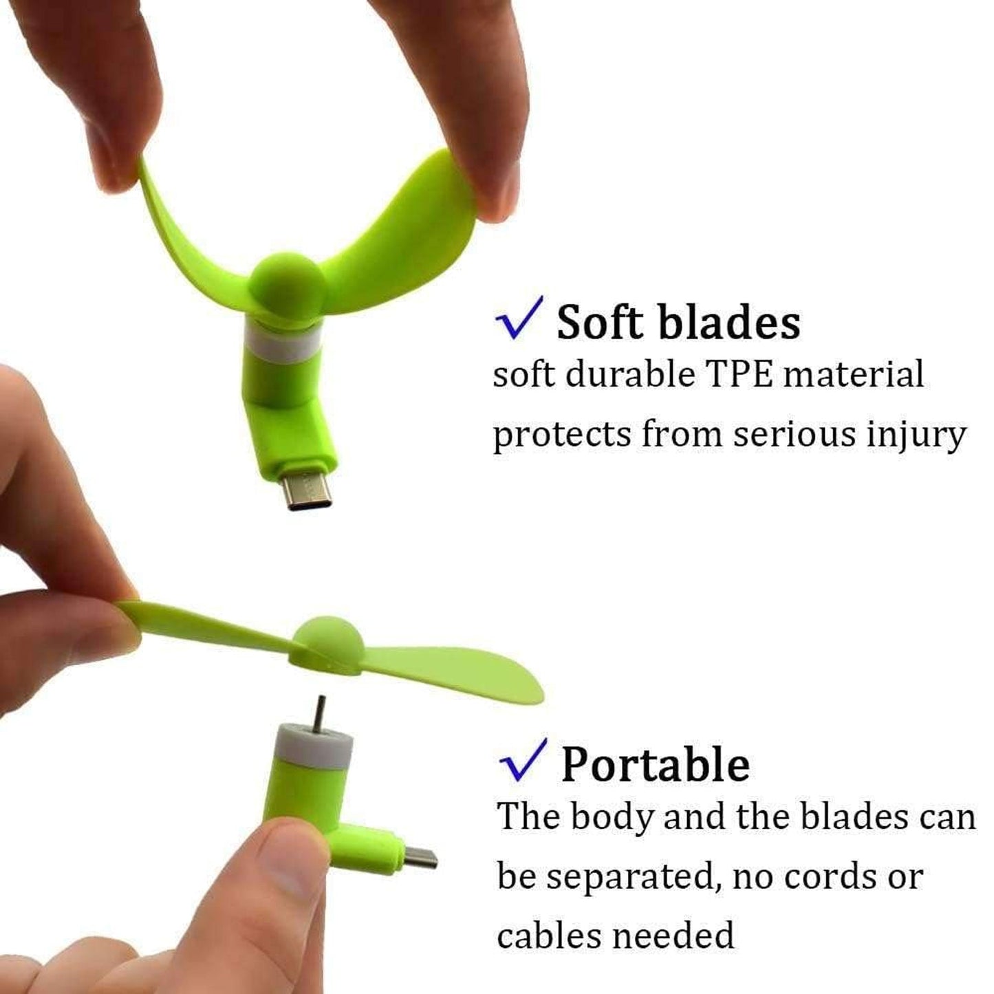 Hands demonstrate the soft blades and portable, detachable design of the bright green USB-C fan.