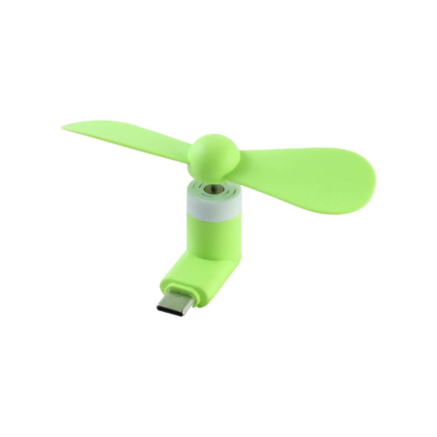 A bright green USB-C fan with two blades and a white base is shown on a white background.
