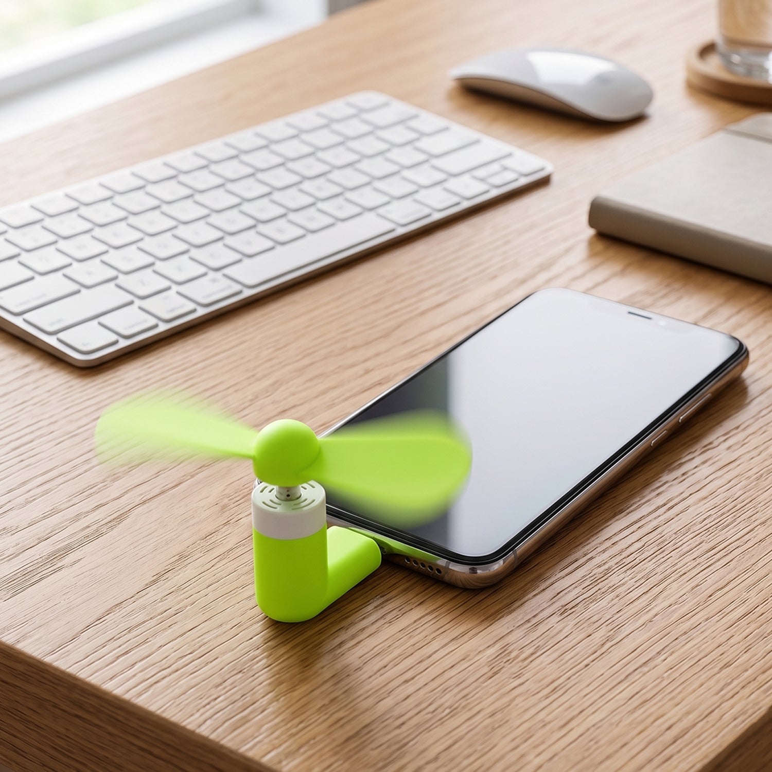 A bright green USB-C fan is plugged into a phone on a wooden desk next to a white keyboard.