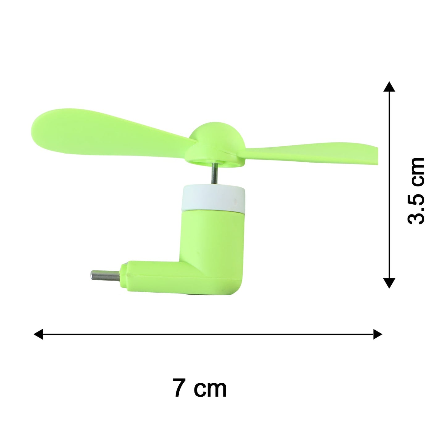 A bright green USB-C fan with two blades and a white base, with dimensions of 7 cm by 3.5 cm.