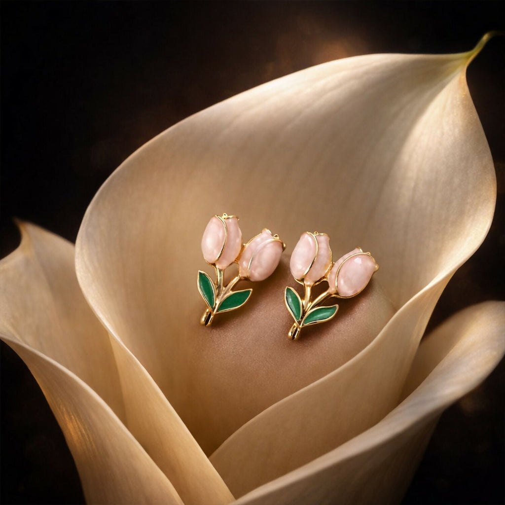 Korean Style Pink Tulip Flower Stud Earrings for Women & Girls