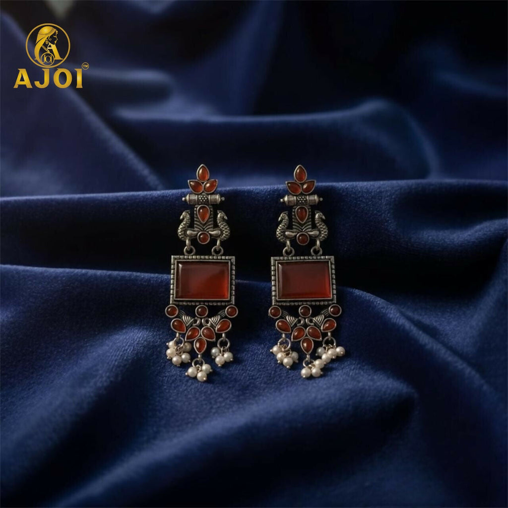 Elegant Red Stone Oxidised Silver Earrings with Pearl Danglers | Ethnic Statement Jewelry