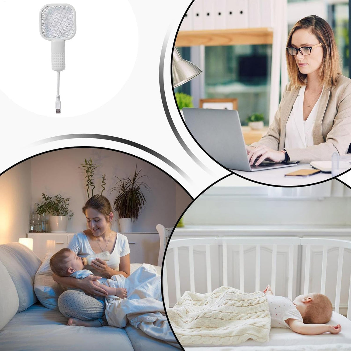 A collage of three circular images: a woman working on a laptop, a mother feeding a baby, and a baby sleeping in a crib. A