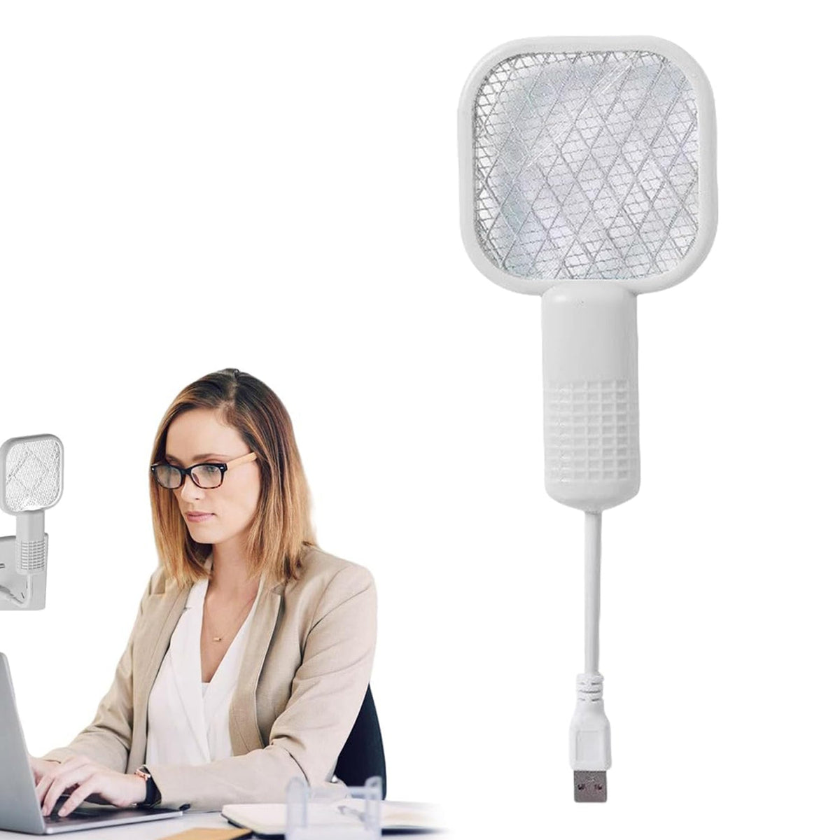 A white electric bug zapper with a square head and ribbed handle, connected to a USB cable, on a white background, with a