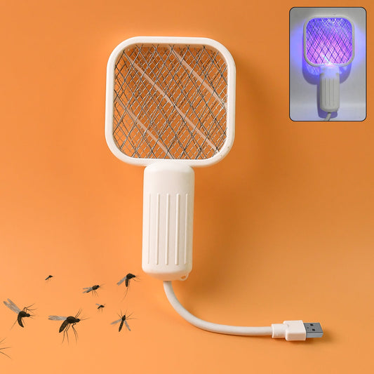A white electric bug zapper with a square head and ribbed handle, connected to a USB cable, with mosquitoes flying around
