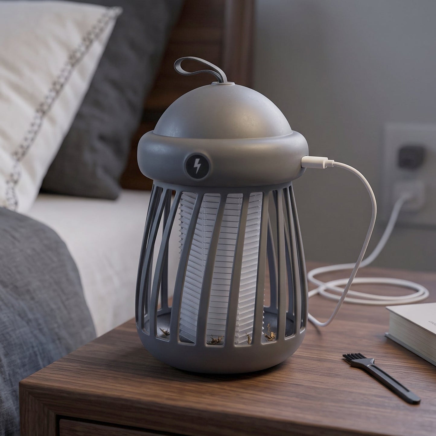A gray mosquito killer lamp with a white light sits on a wooden nightstand next to a white book and a small black brush.