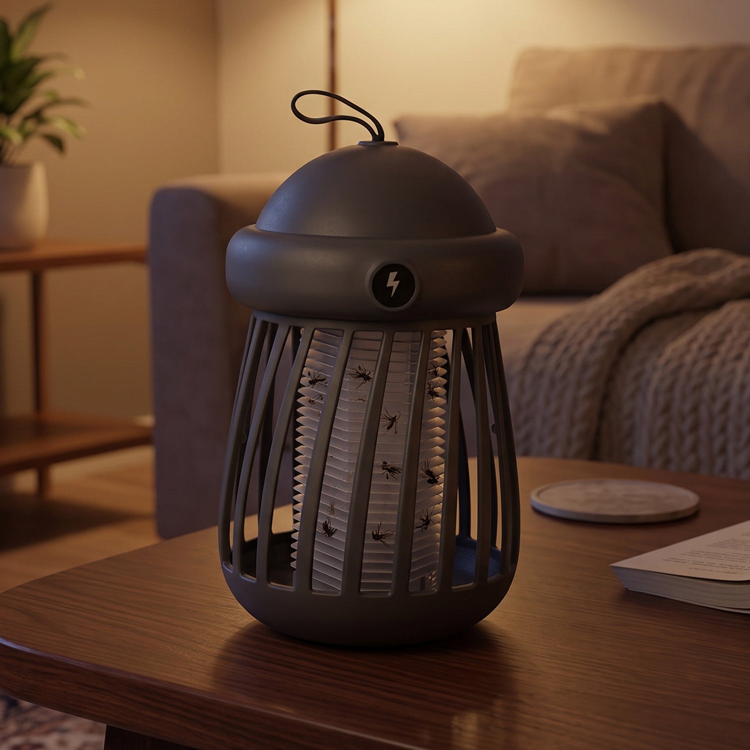 A gray mosquito killer lamp with a white light and several dead mosquitoes inside sits on a wooden table in a dimly lit