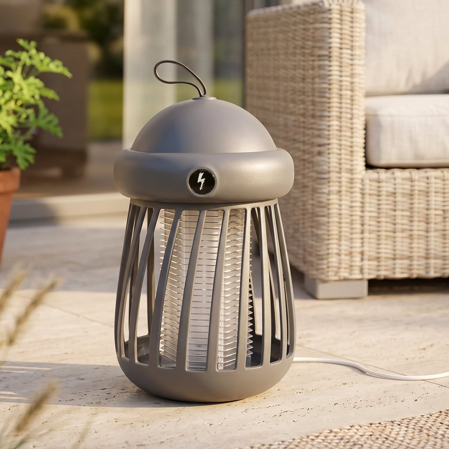A gray mosquito killer lamp with a white light and a white USB cable sits on a patio next to a wicker chair and a potted