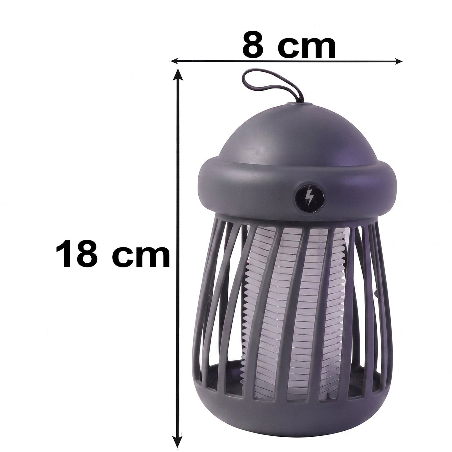 A gray mosquito killer lamp with a white light is shown against a white background with dimensions of 18 cm height and 8 cm