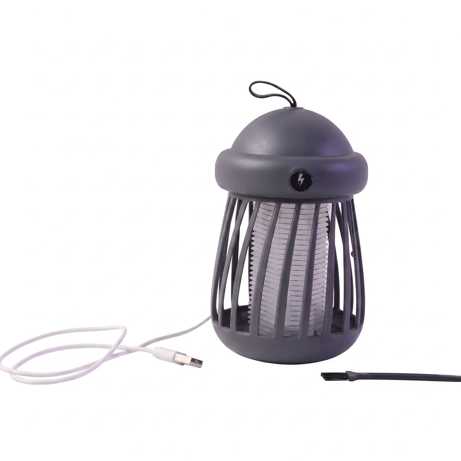 A gray mosquito killer lamp with a white light, a white USB cable, and a small black brush are displayed against a white