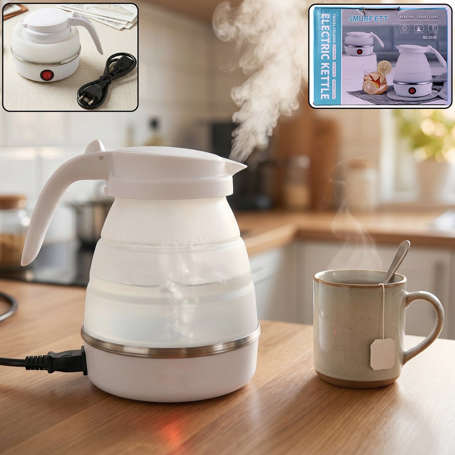 A white collapsible electric kettle with steam rising, next to a mug of tea in a kitchen setting. Insets show the kettle and