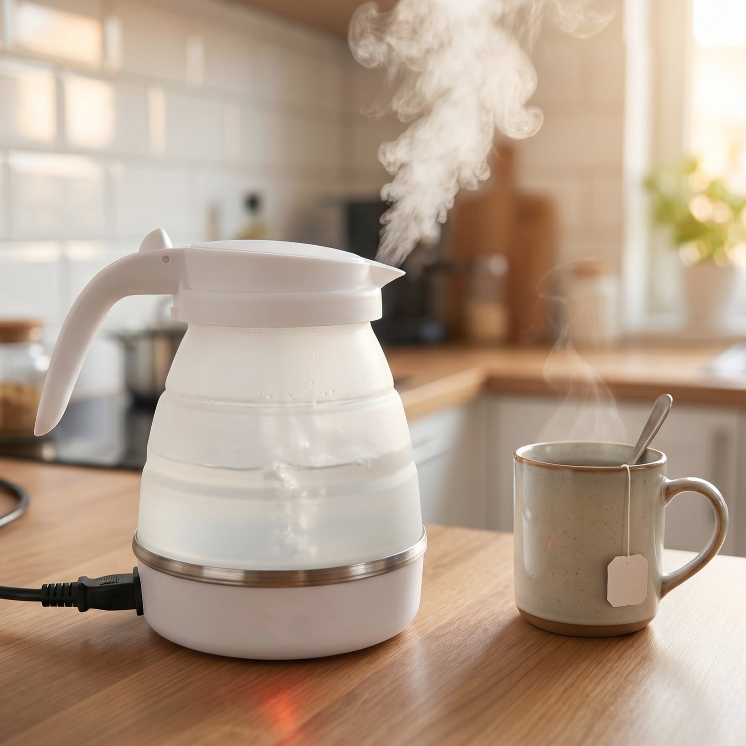 A white collapsible electric kettle with steam rising, next to a mug of tea on a wooden counter in a kitchen.