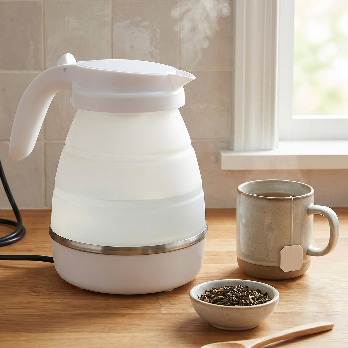 A white collapsible electric kettle next to a mug of tea and a small bowl of loose tea leaves on a wooden counter.
