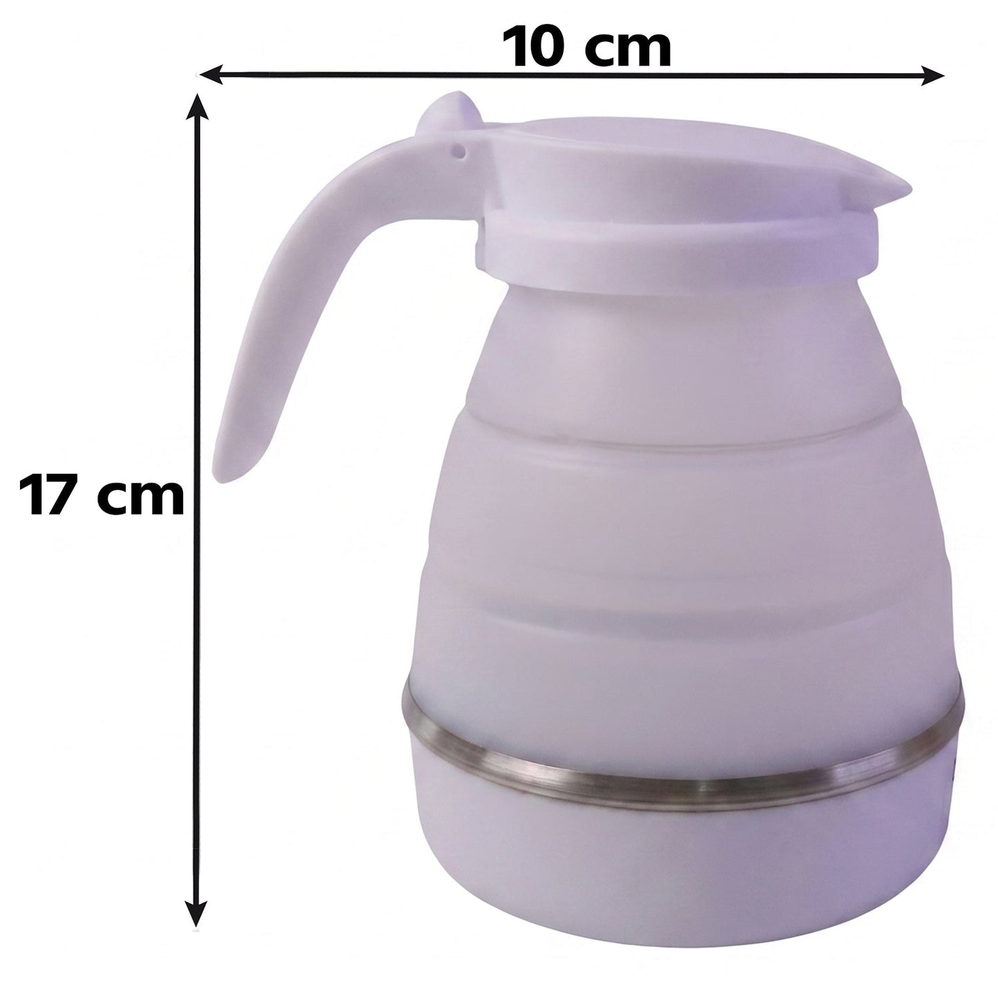 A white collapsible electric kettle with dimensions overlaid: 17 cm height and 10 cm width.