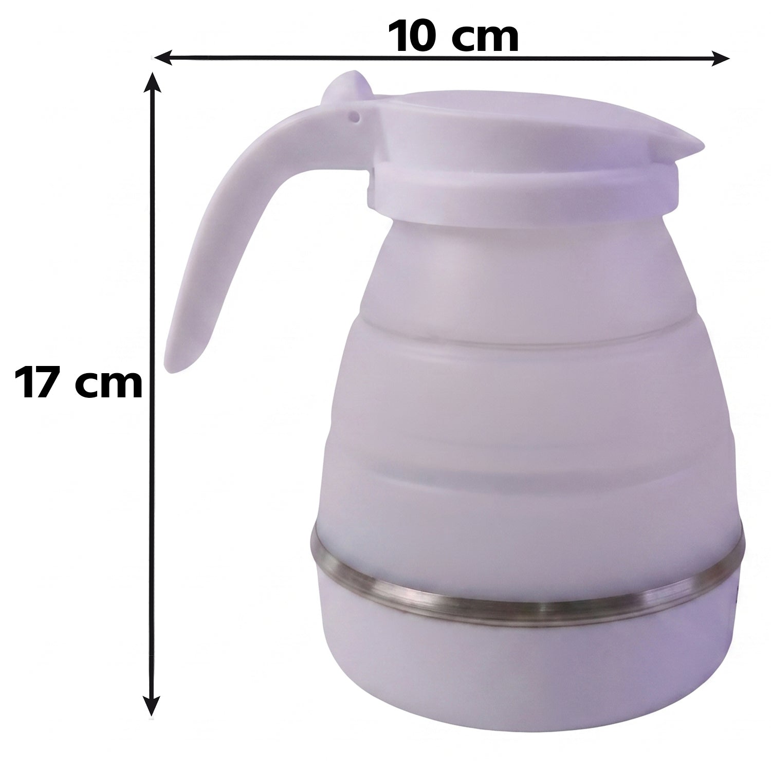 A white collapsible electric kettle with dimensions overlaid: 17 cm height and 10 cm width.