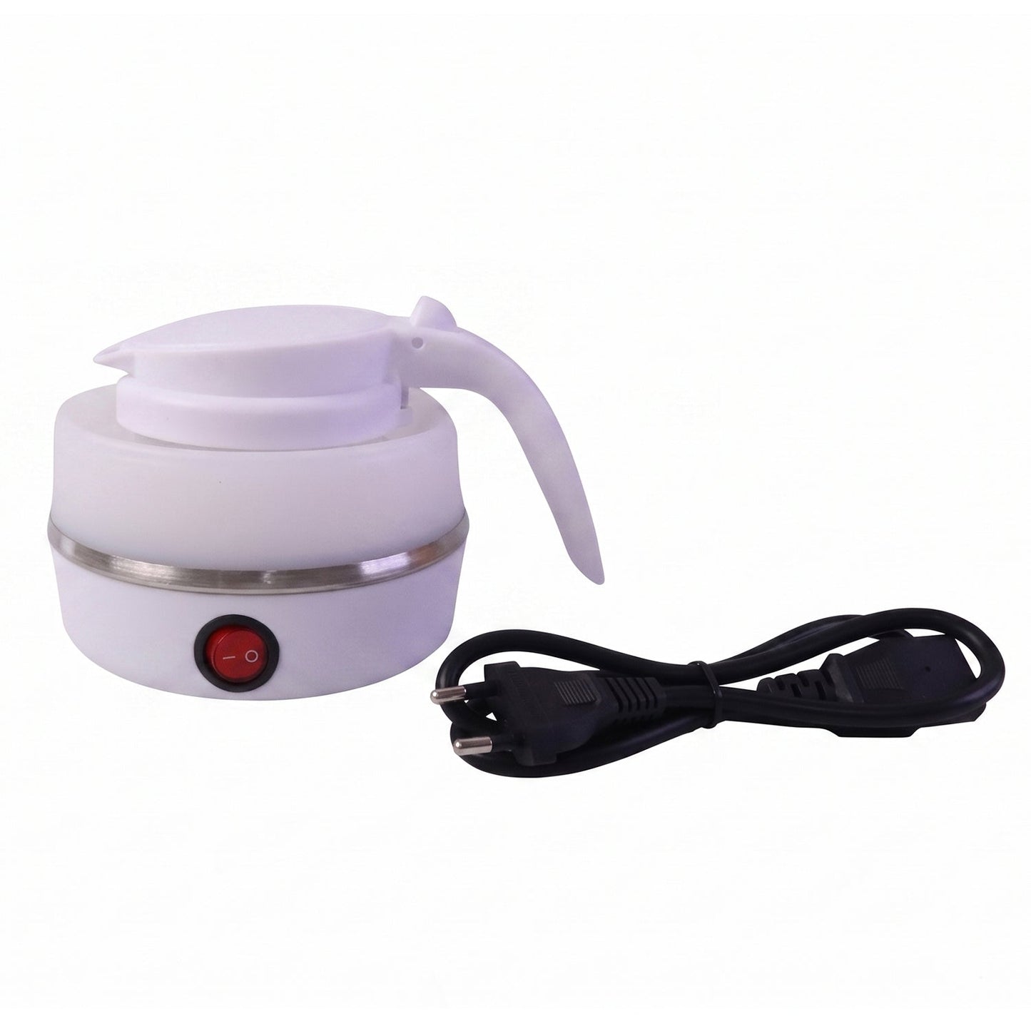 A white collapsible electric kettle, collapsed, with a red power button and a black power cord on a white background.