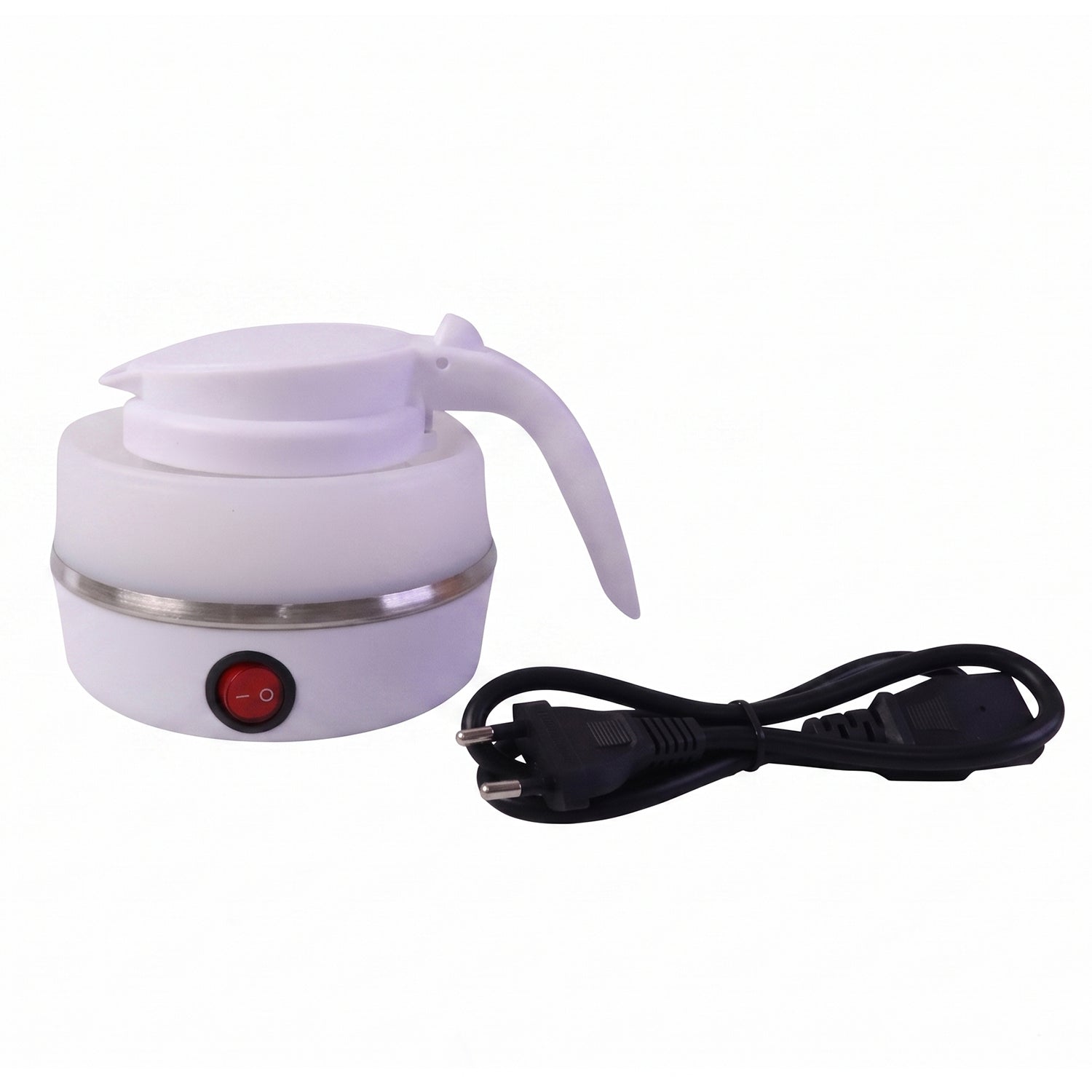 A white collapsible electric kettle, collapsed, with a red power button and a black power cord on a white background.