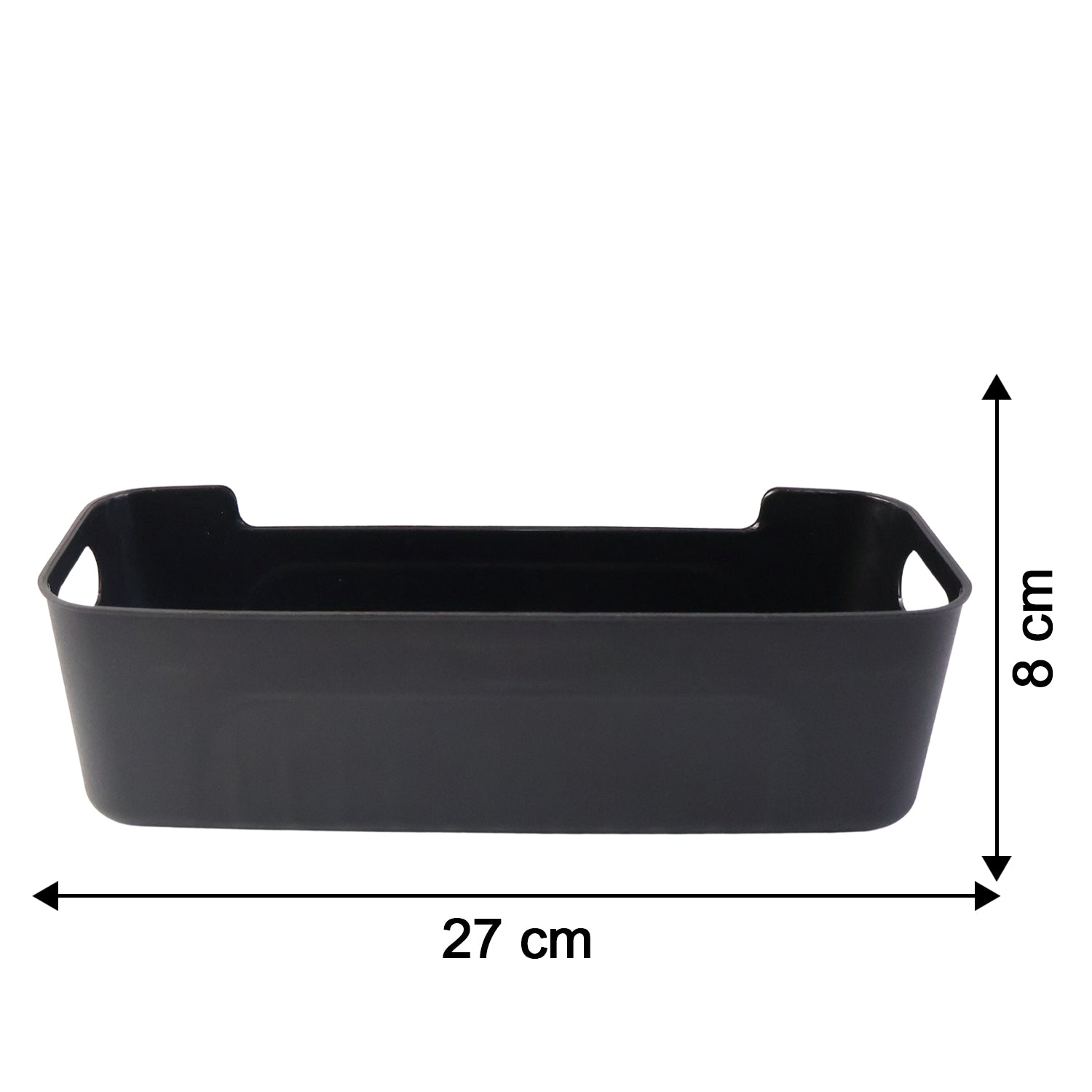 Black plastic storage baskets used for home organization