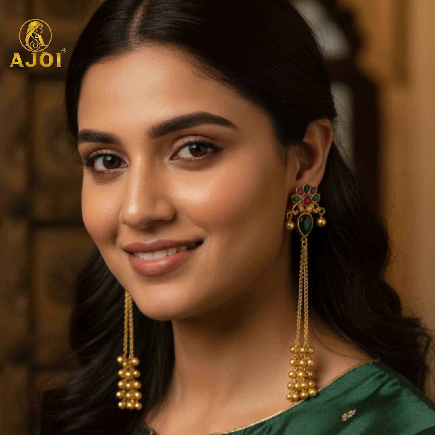 Kashmiri Style Gold Plated Floral Long Latkan Earrings For Women And Girls