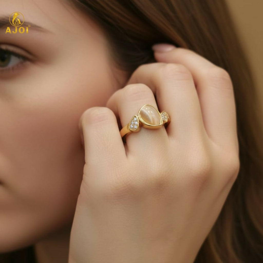 Premium Gold Plated Cat Eye Stone Designer Ring for Women