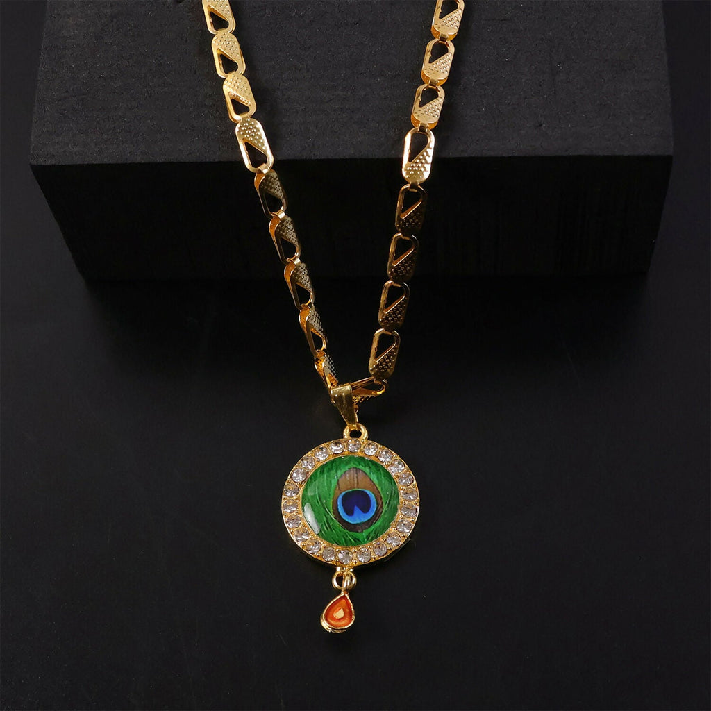 Peacock Feather Stone Pendant Gold Chain Necklace