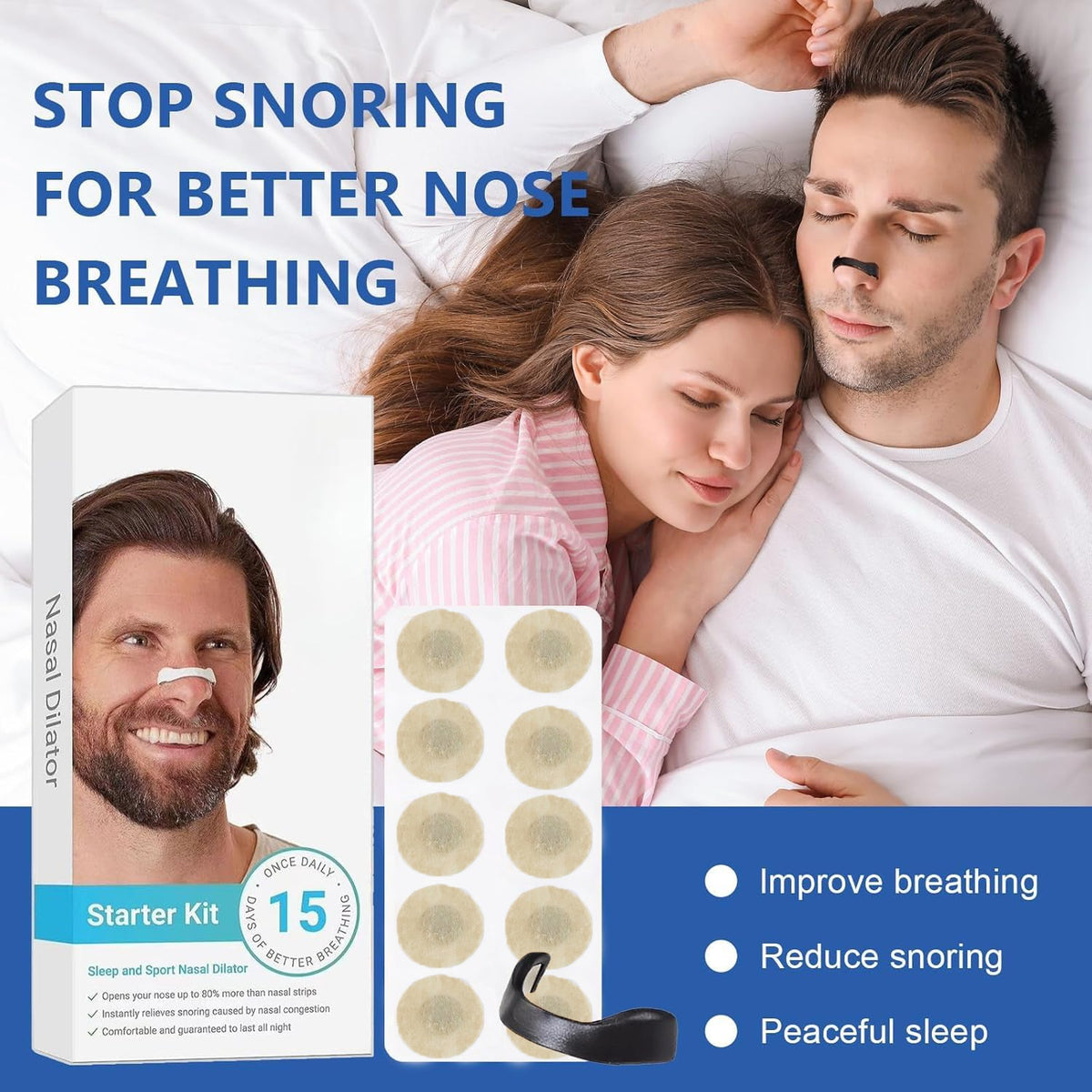 White box for nasal dilator starter kit next to a sheet of beige circular patches, a black nasal dilator, and a couple