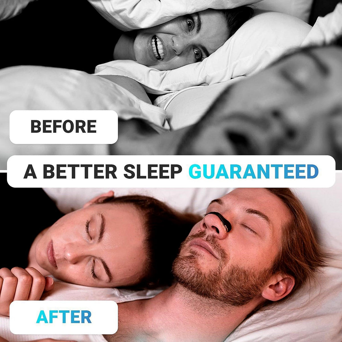 A split image showing a woman looking distressed in bed above, and a couple sleeping peacefully with the man wearing a black
