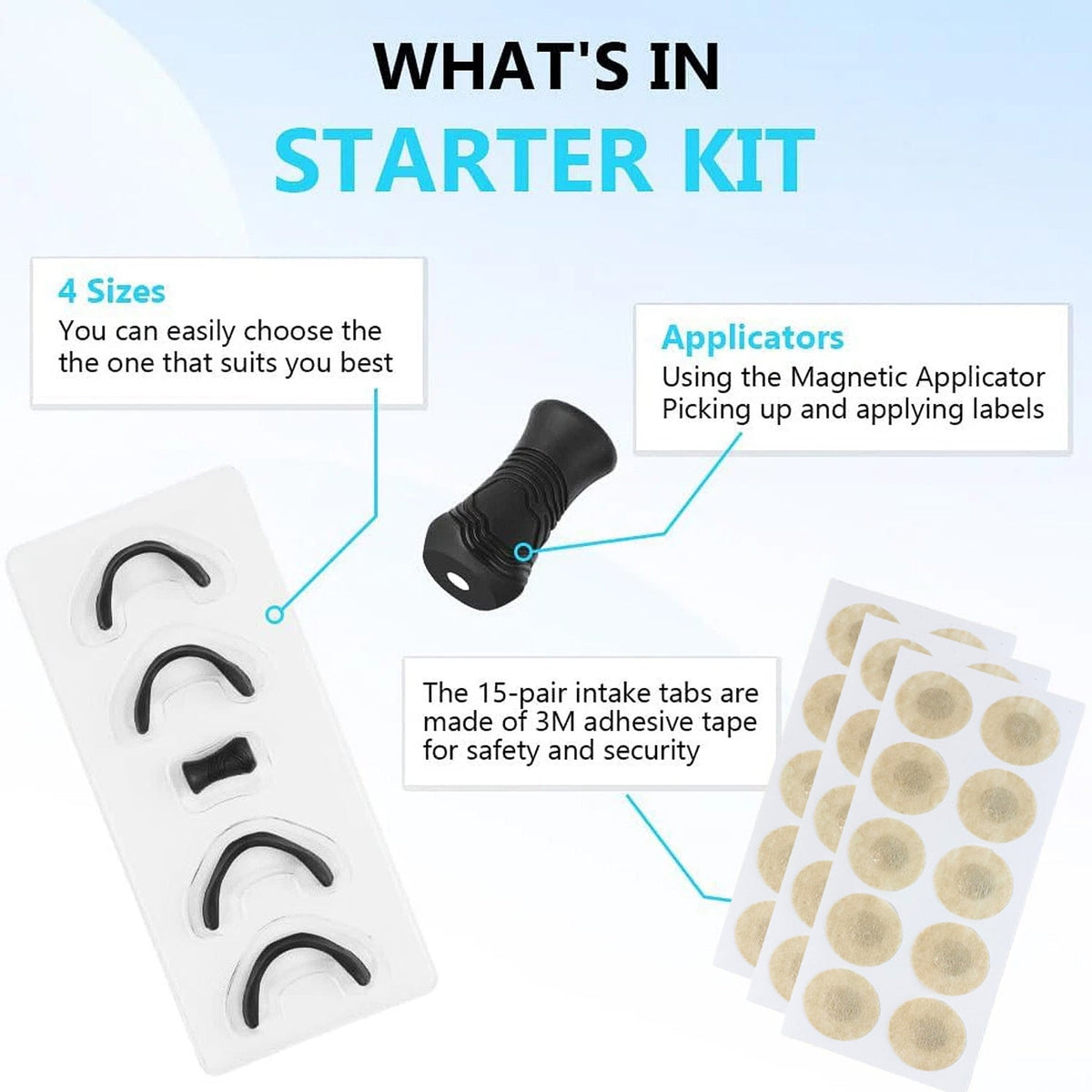 A diagram showing four sizes of black nasal dilators, a black applicator, and two sheets of beige circular patches.