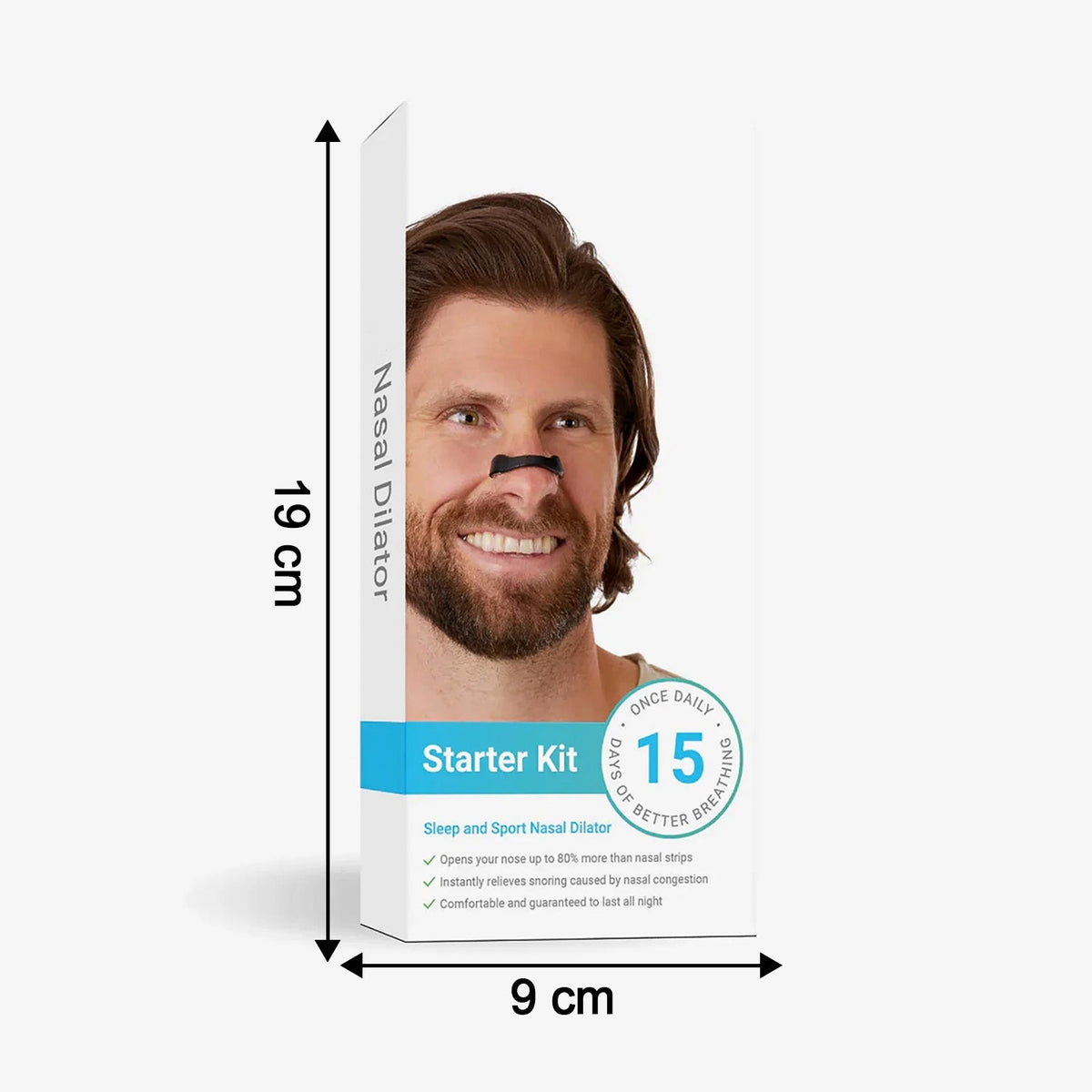 White box for nasal dilator starter kit with a smiling man wearing a black nasal strip, showing dimensions of 19cm height
