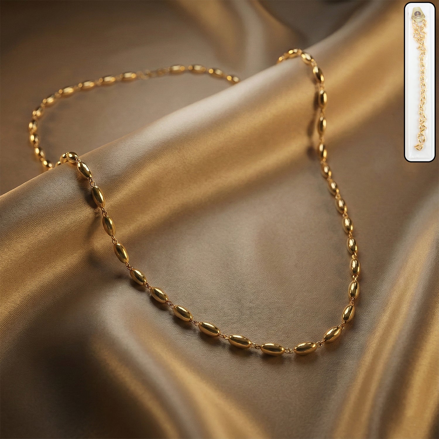 Elegant gold tone oval bead necklace chain for women