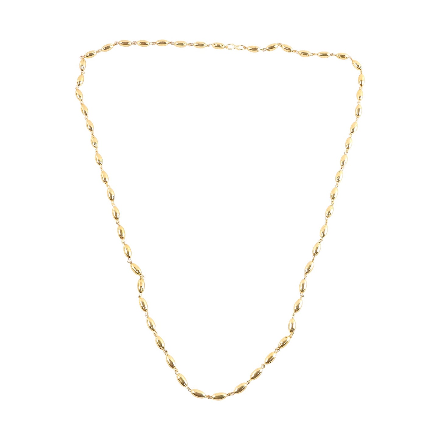 Close up view of gold tone oval bead necklace chain detail