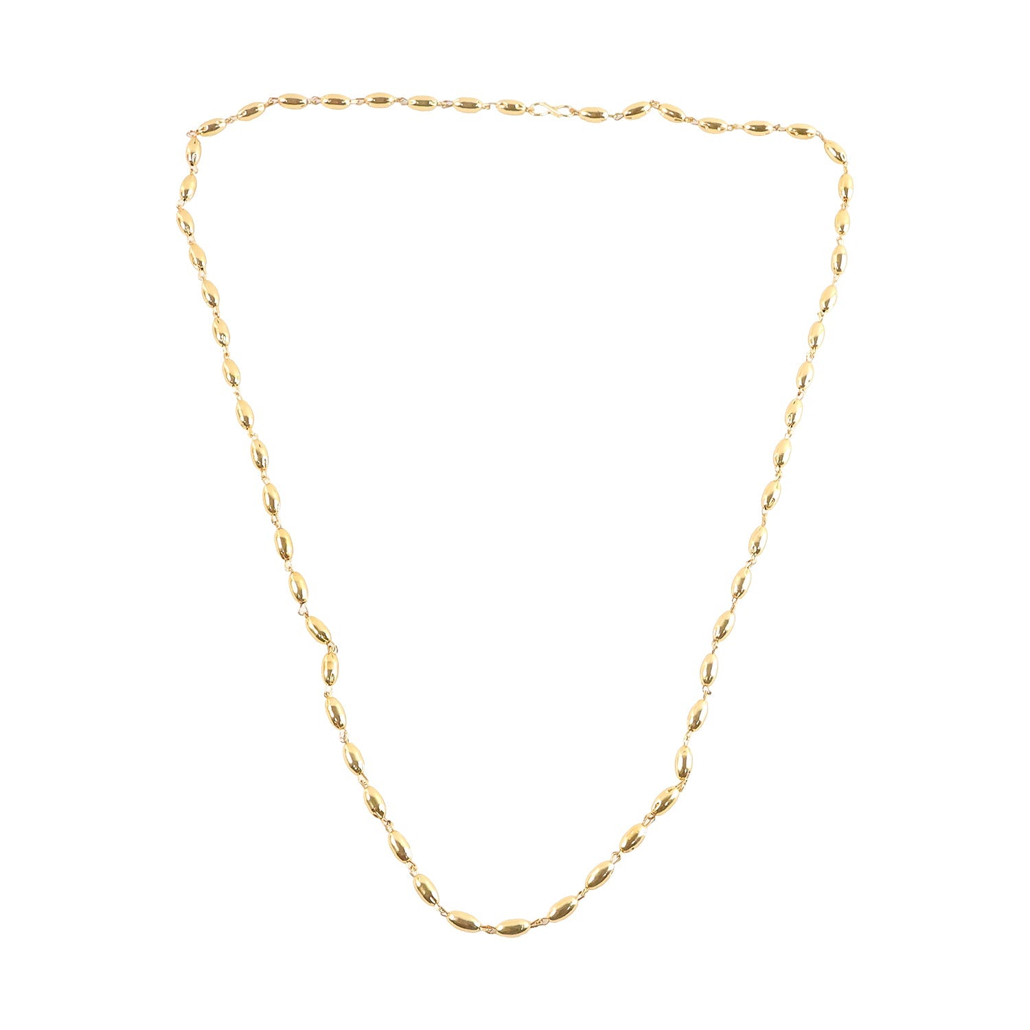 Close up view of gold tone oval bead necklace chain detail