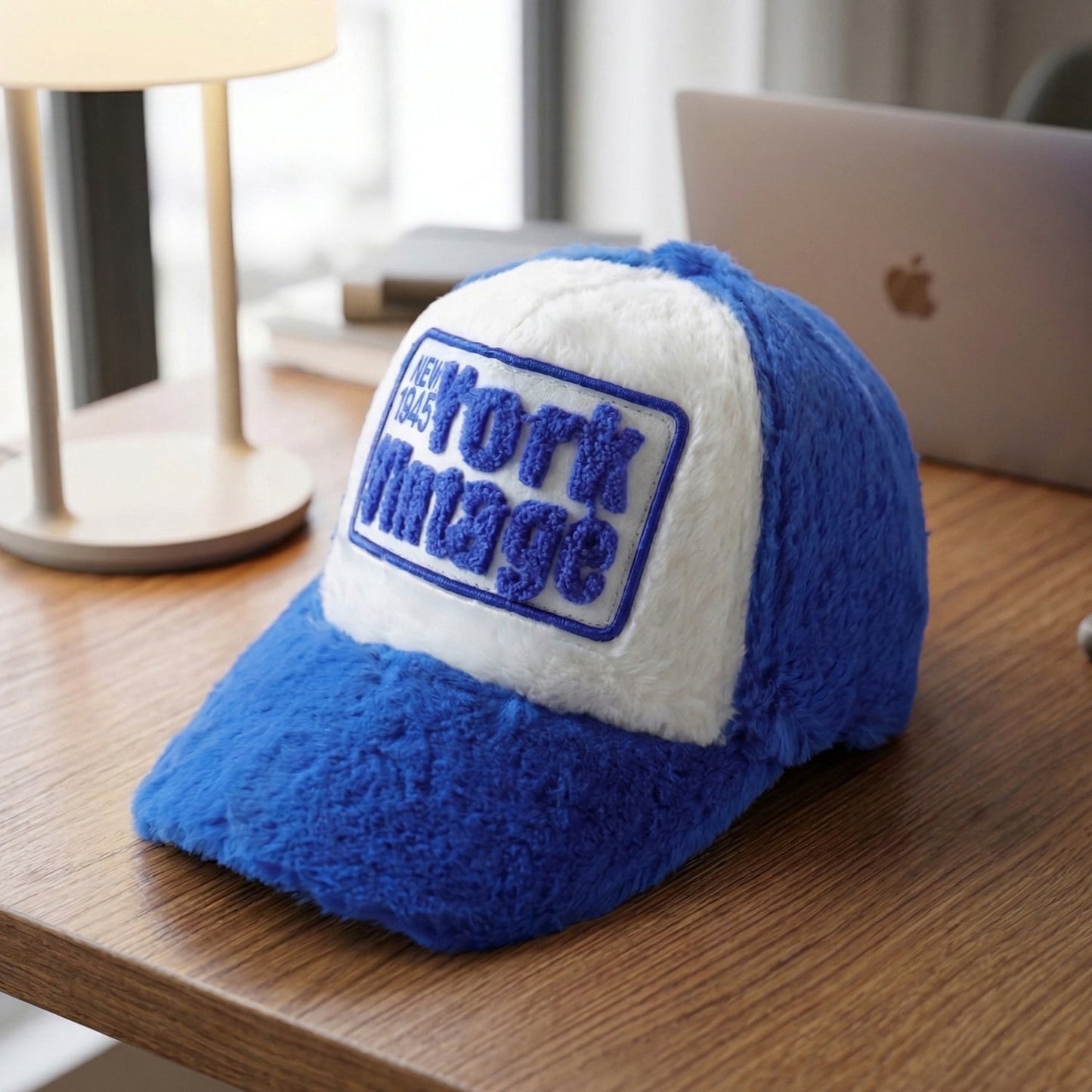 Close-up of soft plush fabric on winter furry cap