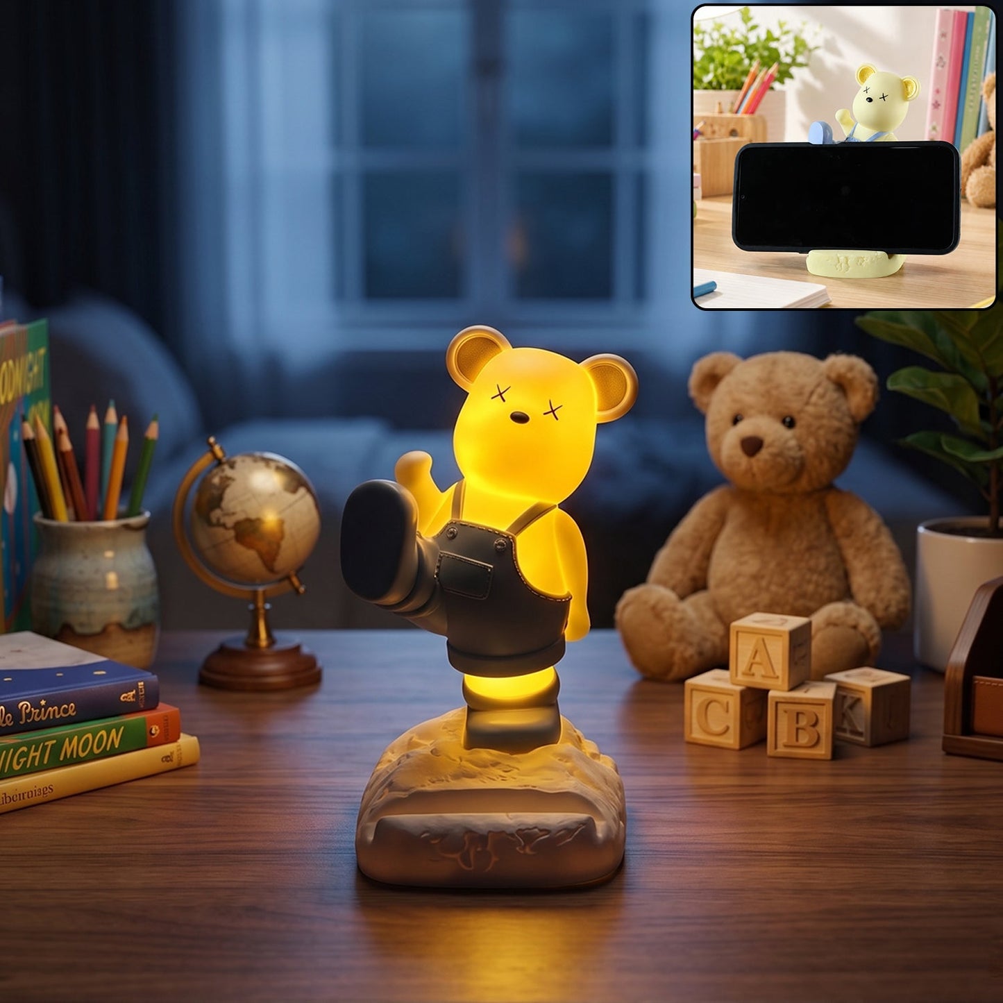 A glowing yellow bear night light and phone stand on a desk, with a small inset showing it holding a phone.