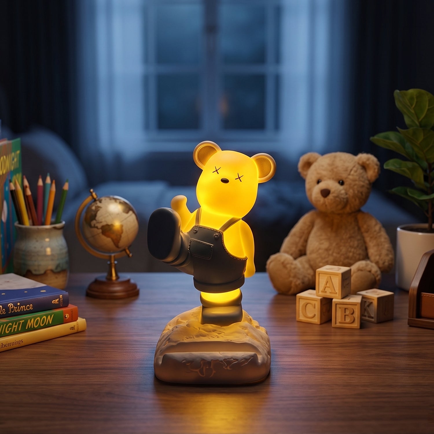 A glowing yellow bear night light and phone stand on a dark wooden desk with a teddy bear in the background.
