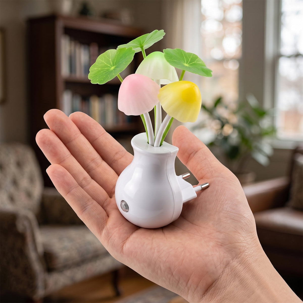 A hand holds the white vase-shaped night light with colorful mushroom-like lights and green leaves, showing the two-prong