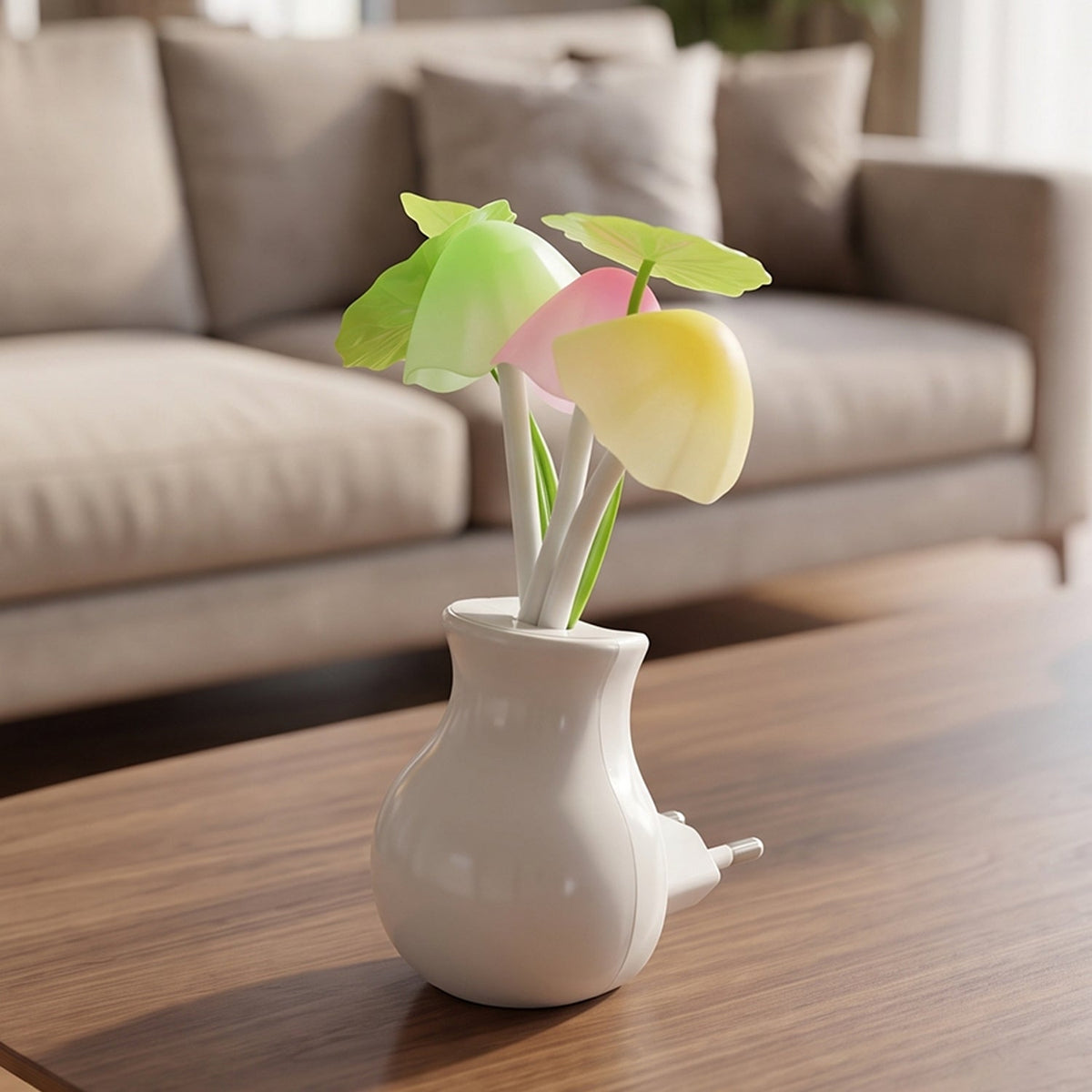 The white vase-shaped night light with glowing pink, yellow, and green mushroom-like lights sits on a wooden table in a