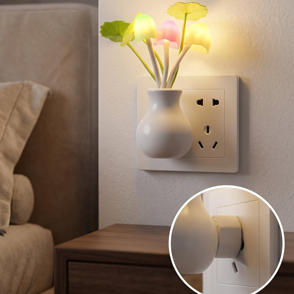 The white vase-shaped night light with glowing colorful mushroom-like lights is plugged into a wall outlet next to a bed. An