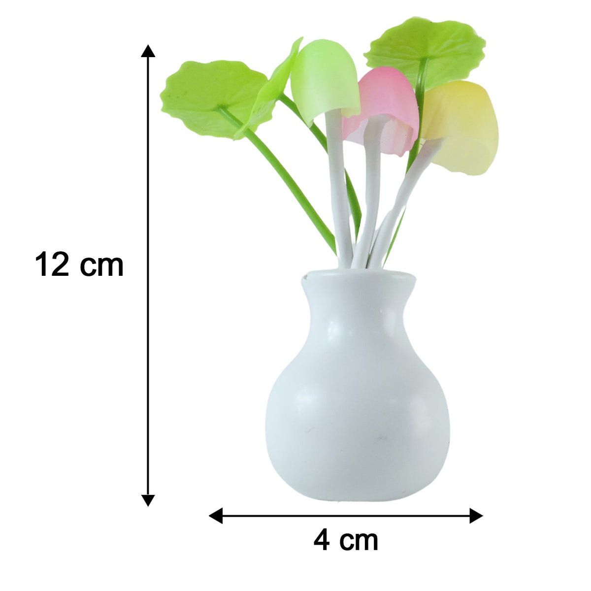 A white vase-shaped night light with colorful mushroom-like lights and green leaves, showing dimensions of 12 cm height and