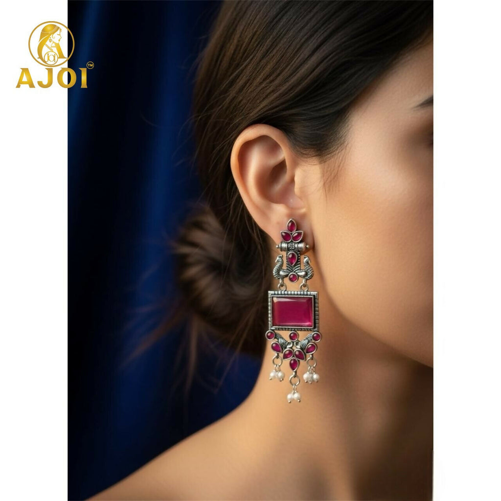 Premium Antique Silver Earrings with Pink Square Beads and Pearl Hangings.