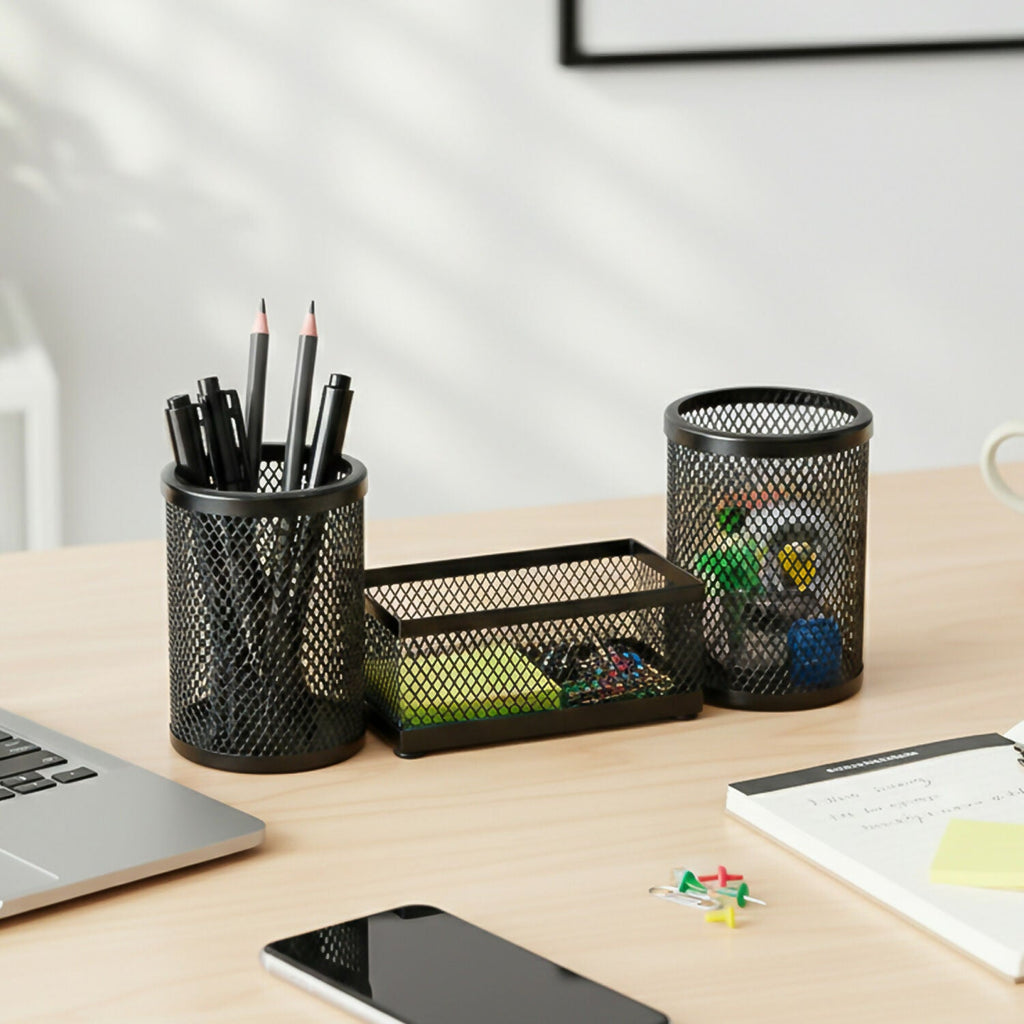 Dual Desk Mesh Pen Stand with Two Pencil Holders and Central Storage Tray for Office