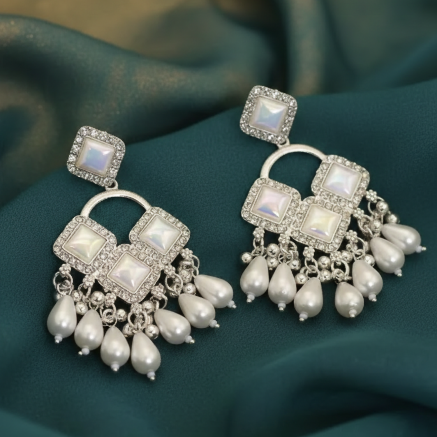 Elegant Silver Plated Chandelier Earrings Featuring Square Crystals and White Teardrop Beads