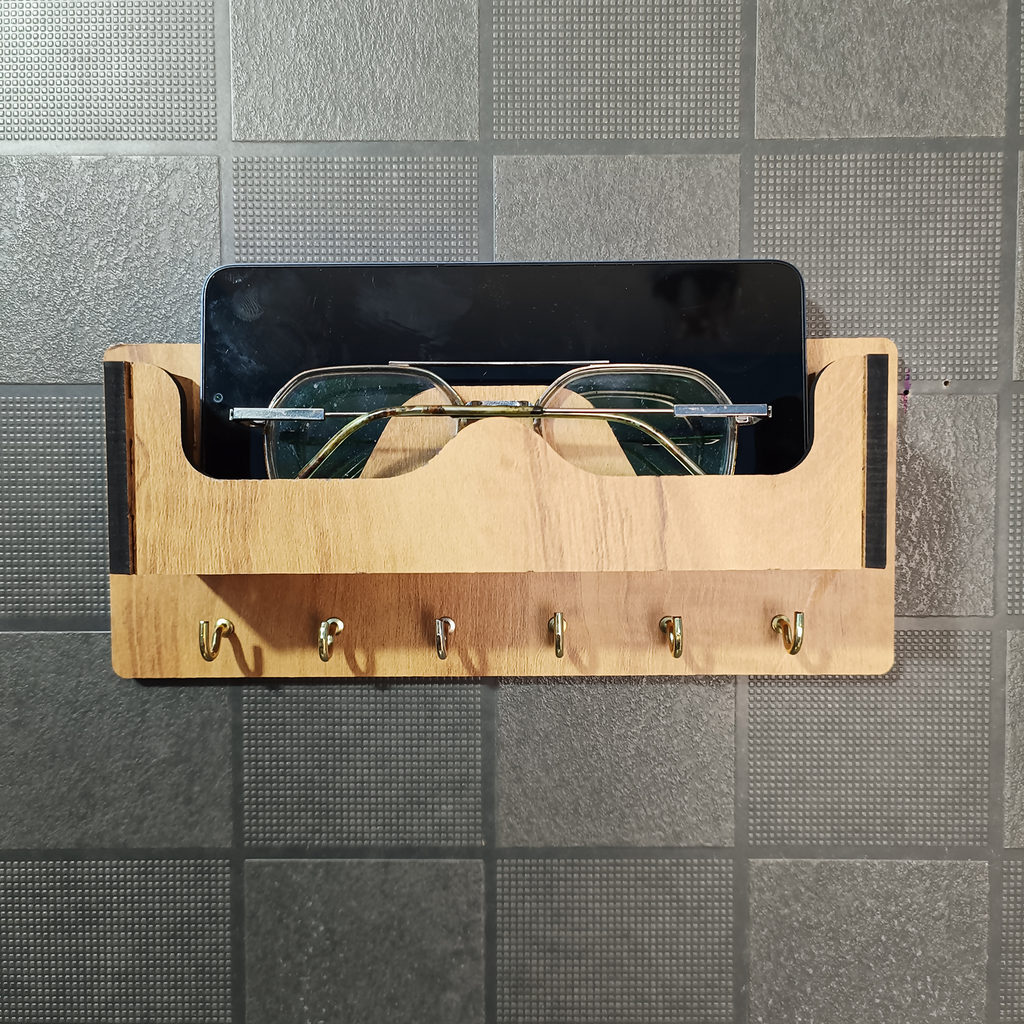 Wooden Wall Mounted Key Holder with Shelf for Mobile, Glasses and Daily Items