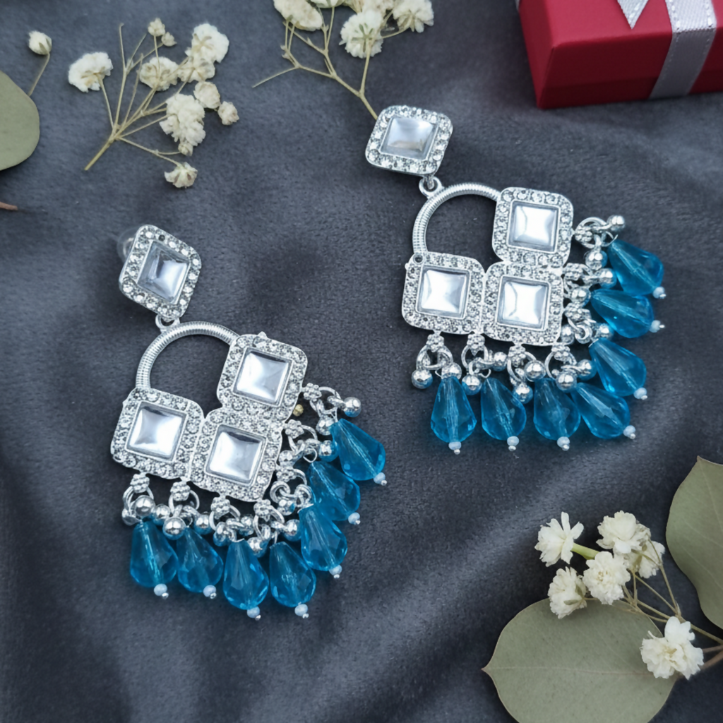 Elegant Silver Plated Chandelier Earrings Featuring Square Crystals and Aqua Blue Teardrop Beads