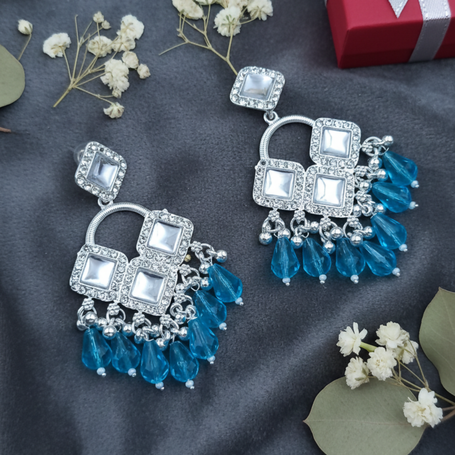 Elegant Silver Plated Chandelier Earrings Featuring Square Crystals and Aqua Blue Teardrop Beads