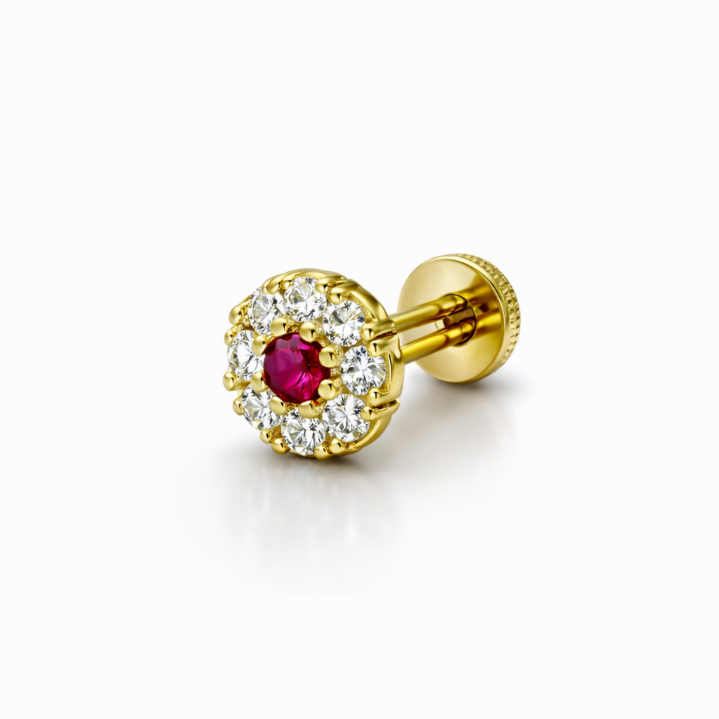 Ruby & AD Floral Gold plated Flat Back Nose Pin stud for women and girls