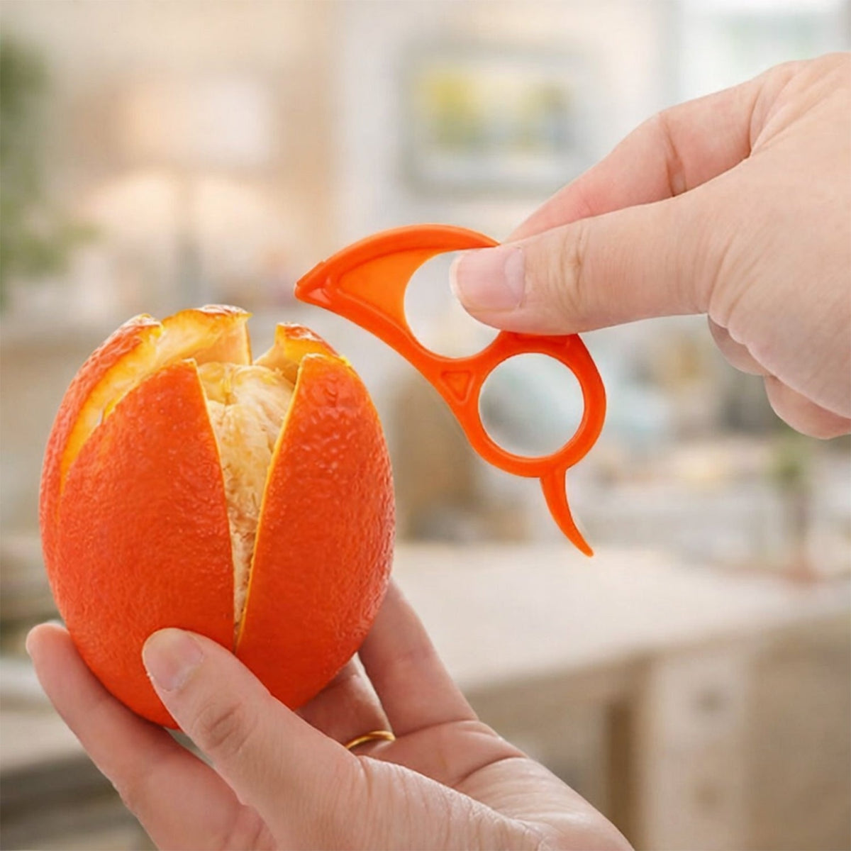 Hands hold an orange with cuts and an orange plastic citrus peeler, preparing to peel the fruit.