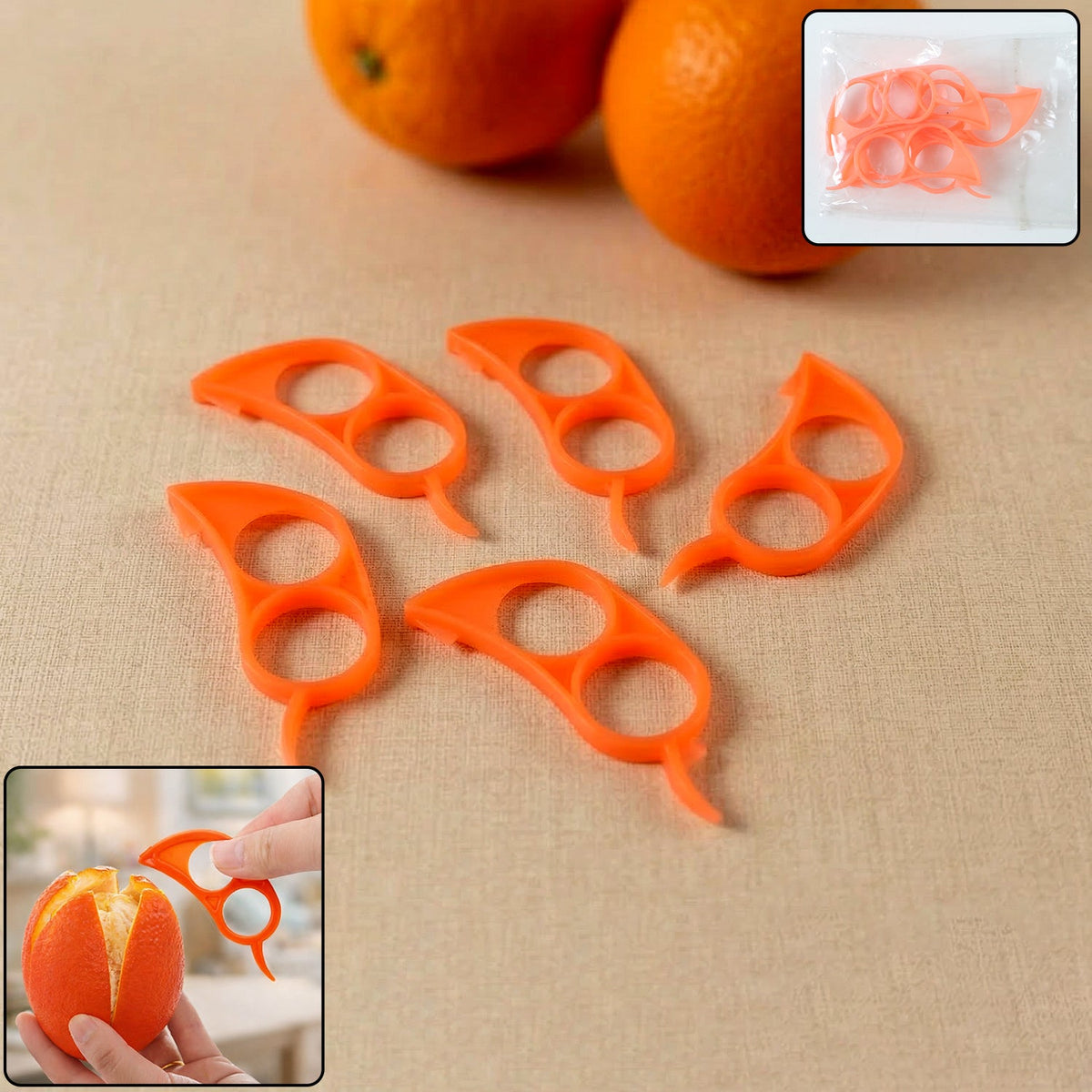 Five orange plastic citrus peelers are arranged on a light brown surface with two oranges in the background.