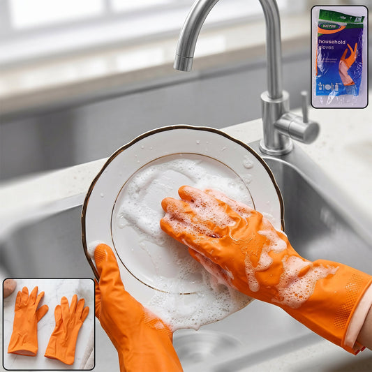 Large reusable orange rubber cleaning gloves suitable for kitchen cleaning